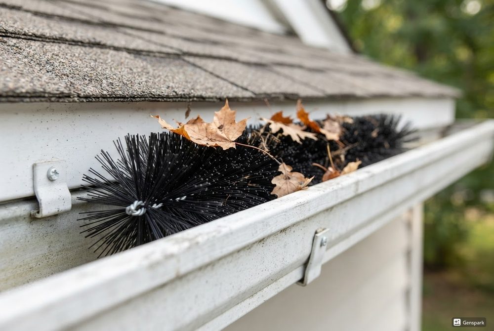 Close-up of a cylindrical bristled brush gutter guard laid inside a residential aluminum gutter channel on a rooftop, with leaves caught on top of the bristles
