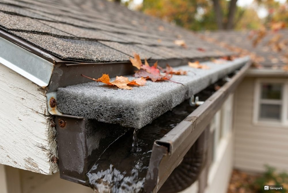 Close-up of a porous foam gutter guard insert wedged inside a residential aluminum gutter channel, with a few leaves resting on the foam surface while water passes through underneath
