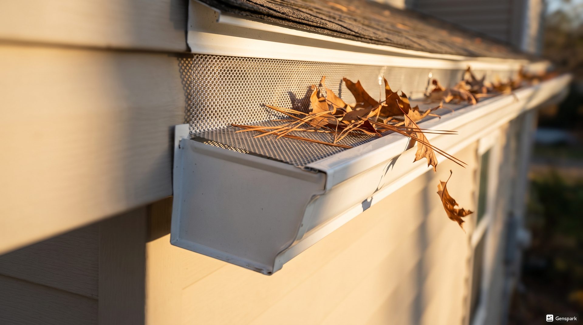Close-up of a stainless-steel micro-mesh gutter guard installed on a residential roofline, shedding autumn leaves and pine needles while rainwater flows through