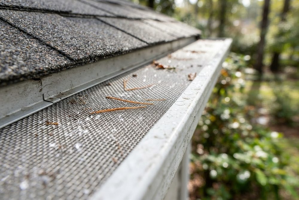 Close-up of a fine stainless-steel micro-mesh gutter guard installed over a residential gutter, blocking pine needles and small debris while letting water through