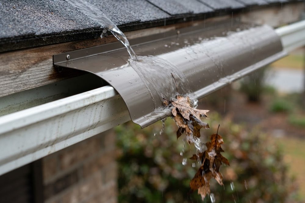 Close-up of a reverse-curve surface-tension gutter guard on a residential gutter, showing rainwater directed into the gutter while leaves slide off the curved front edge